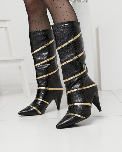 Bottes à talons aiguilles pour femmes noires et dorées avec bandes en relief Felifea- Footwear
