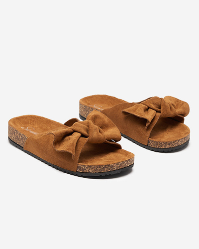 Pantoufles pour femmes en daim écologique avec un nœud de couleur camel Dofro- Footwear