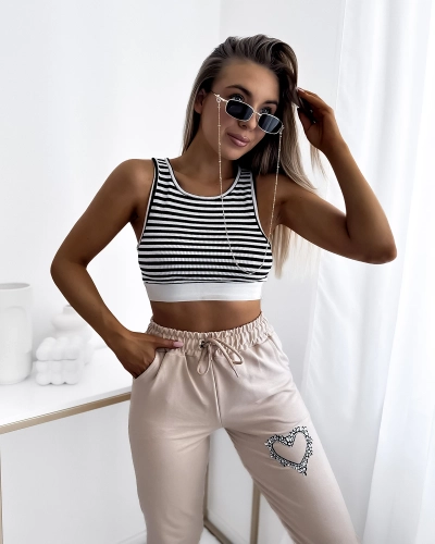 Pantalon de survêtement beige pour femme avec décorations en zircon- Vêtements