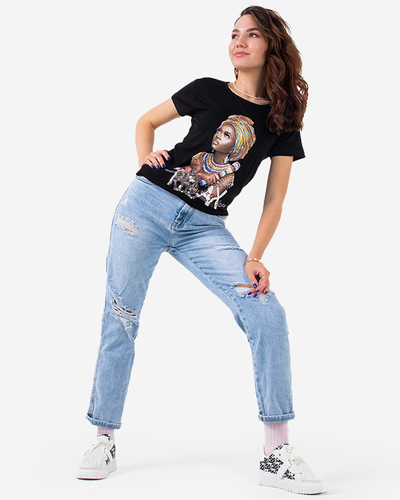 T-shirt femme noir imprimé coloré et sequins - Vêtements