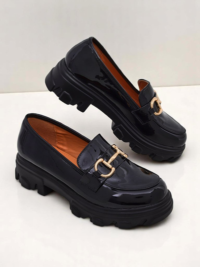 Royalfashion Mocassins pour femmes en cuir verni avec décoration Velours noir