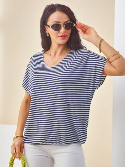 Blouse en viscose pour femme Royalfashion avec rayures, manches courtes et finition brillante