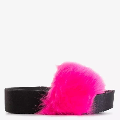 Pantoufles compensées rose fluo pour femmes avec fourrure Lorina - Chaussures