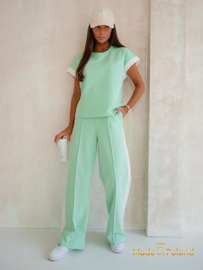 Ensemble pour femmes Ariadne Mint en coton élastique - menthe, manches courtes, pantalon long