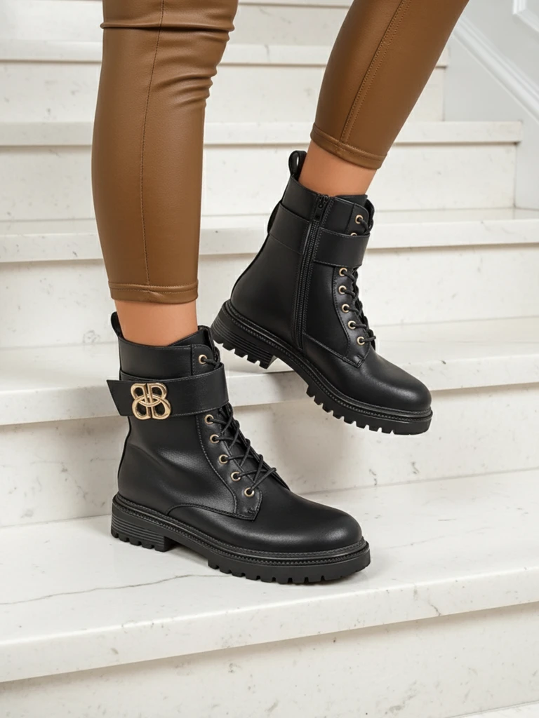 Bottines en cuir Artemisia Nero à bout rond avec fermeture éclair et boucle dorée