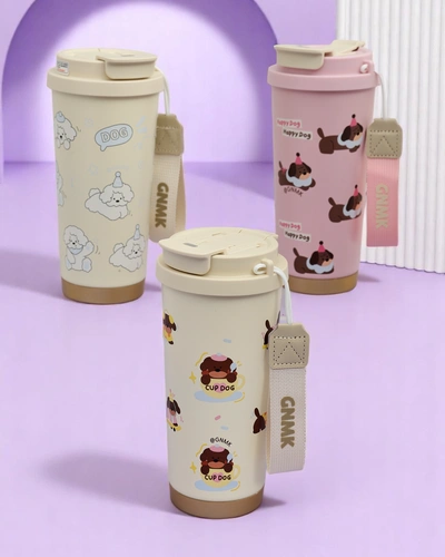 Royalfashion Mug thermique avec un panier, une paille et un bec Happy Dog