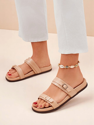 Royalfashion Sandales en cuir écologique pour femme, EcoTwins Slides