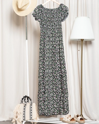 Robe midi à fleurs pour femme noire - Vêtements