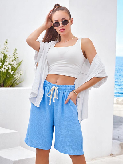 Royalfashion Shorts pour femme avec taille élastique et cordons jusqu’aux genoux
