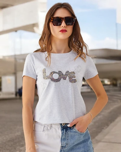 Royalfashion T-shirt en coton pour femmes LOVE avec des strass