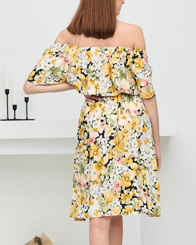 Robe jaune jusqu'aux genoux avec motif fleuri multicolore - Vêtement