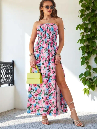 Robe midi sans manches Royalfashion à motifs, avec un large bandeau élastique et des fentes en bas