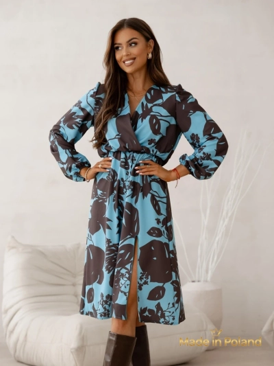 Robe Afrodyta Blu Oceano – midi bleue, manches longues, style classique