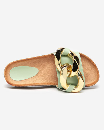 Sandales pour femmes Thalia Royalfashion vertes avec chaîne sur semelle plate