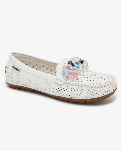Royalfashion Mocassins blancs ajourés pour femme avec cristaux décoratifs Cizzas