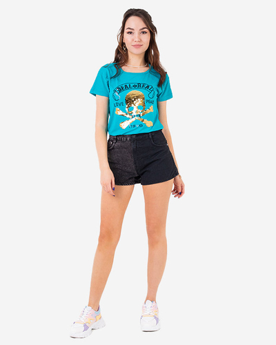 T-shirt femme bleu à paillettes avec inscriptions - Vêtements