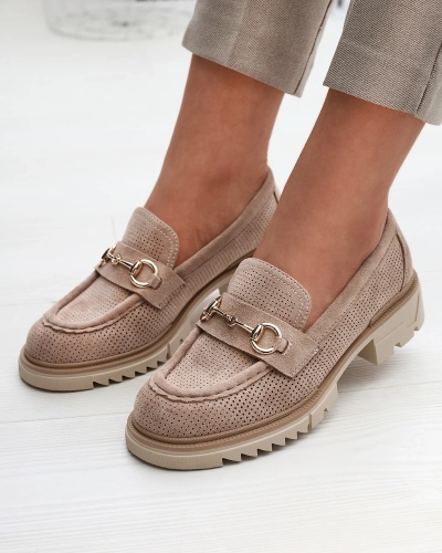 Royalfashion Mocassins ajourés pour femme marron clair avec chaîne Imerila