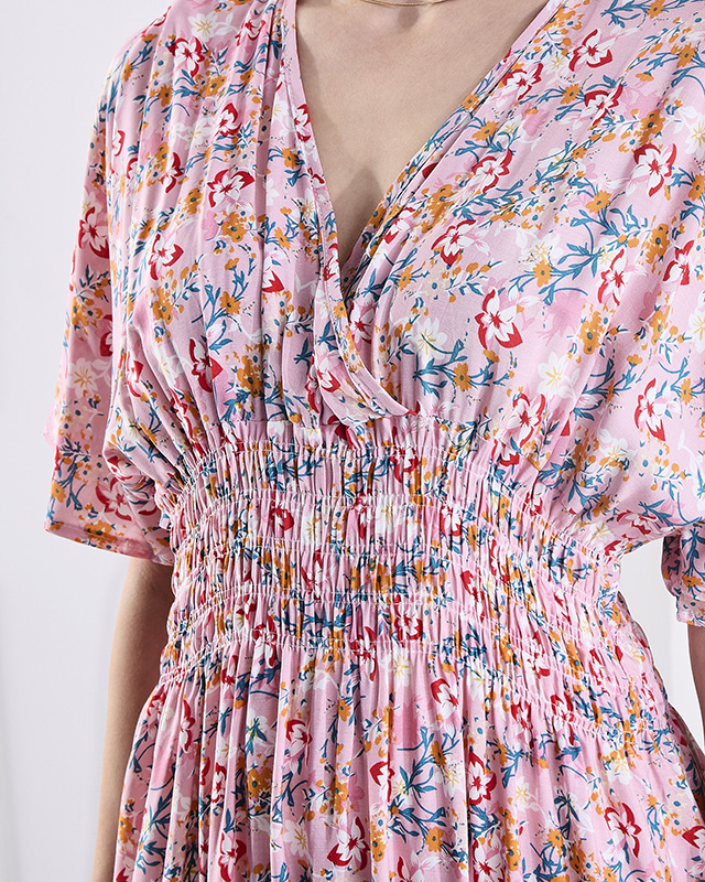 Robe midi rose pour femme avec motif floral- Vêtements
