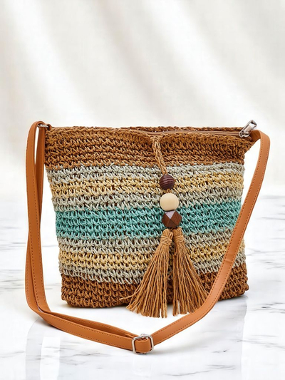 Royalfashion Petit sac en paille pour femme, rayé, orné d’un charm Mini