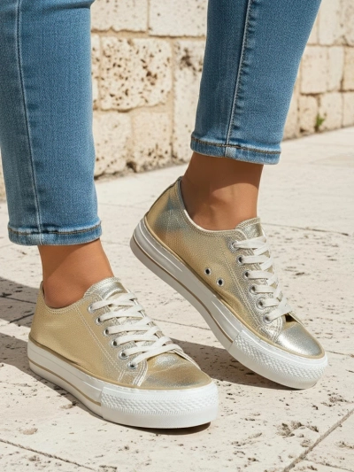 Aurelia Italia baskets dorées pour femmes sur plateforme tissu printemps été
