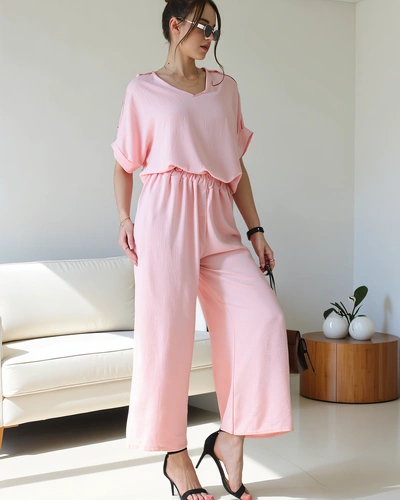 Ensemble décontracté Royalfashion pour femmes avec blouse à manches courtes et pantalon large