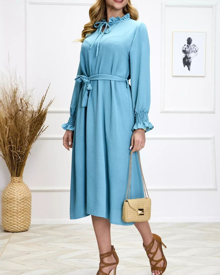 Robe longue bleue pour femme avec lien à la taille - Vêtements