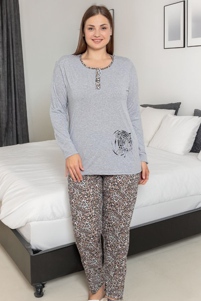 Royalfashion Pijamas gris femme 2 pièces motif léopard GRANDE TAILLE