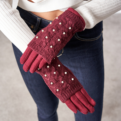 Mitaines femme bordeaux avec perles - Mitaines