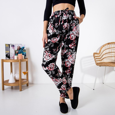 Pantalon femme noir à motif floral - Vêtements