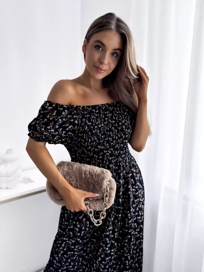 Robe midi femme noir floral - Vêtements