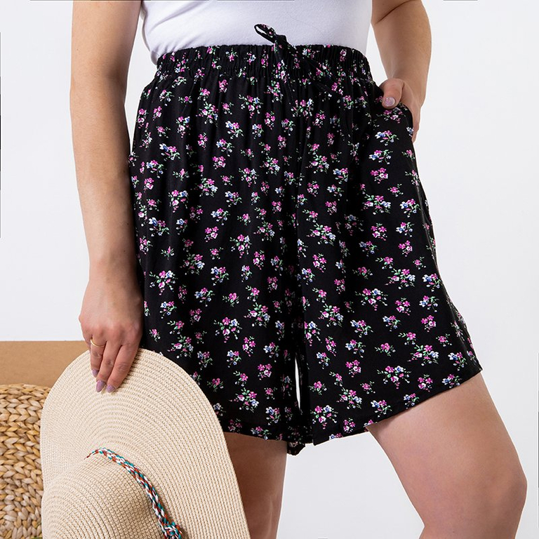 Short noir femme à fleurs fuchsia - Vêtements