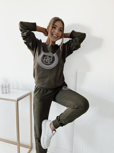 Royalfashion Ensemble de sweatshirt pour femme vert foncé avec zircons