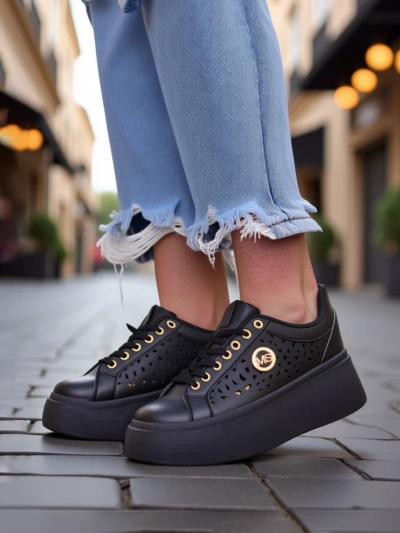 Aurelia Nero - Plateforme noire Royalfashion en cuir écologique, modèle LH201-8