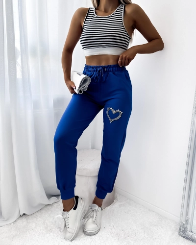 Pantalon de survêtement bleu pour femme avec ornements en zircon- Vêtements