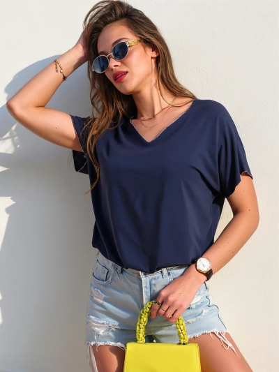 Blouse en viscose pour femmes Royalfashion à manches courtes et finition pailletée