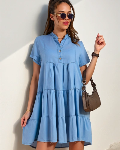 Royalfashion Tunique femme cousue comme une robe avec un col en denim boutonné