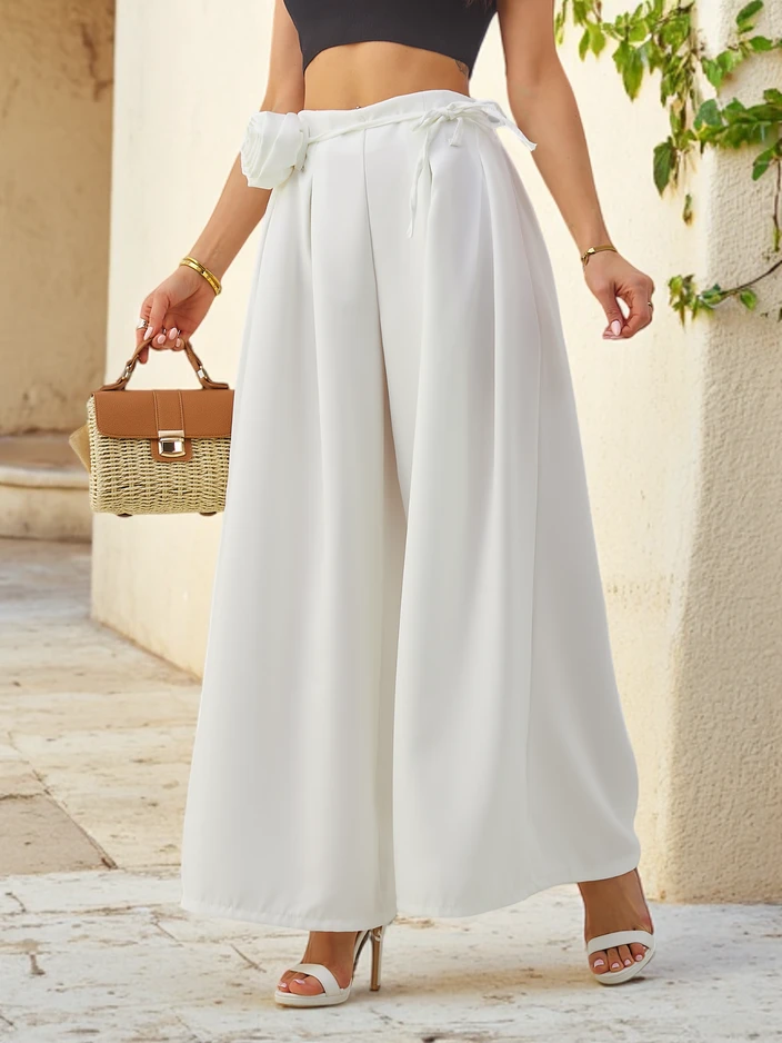 Royalfashion Pantalons larges élégants pour femmes avec une fleur décorative au niveau de la ceinture