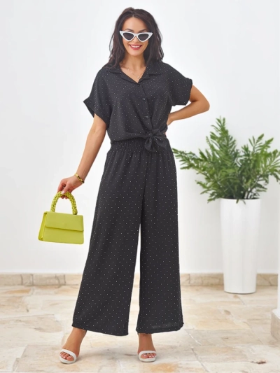 Ensemble Royalfashion pour femmes comprenant une chemise à manches courtes nouée et un pantalon évasé avec des strass