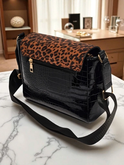 Athena Nero - Sac à main élégant pour femmes, verni avec panthère