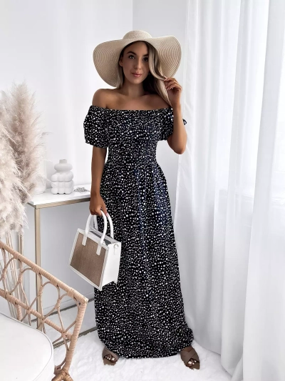 Robe longue à pois pour femme bleu marine- Vêtements