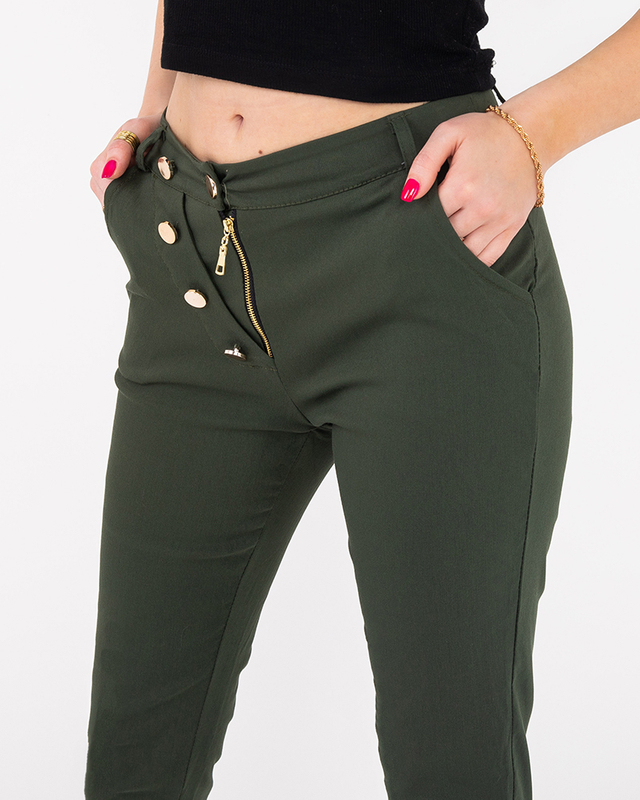 Pantalon femme en tissu vert avec boutons décoratifs - Vêtements