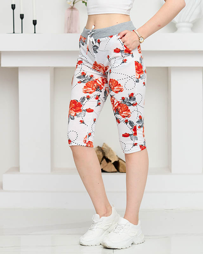 Short femme 3/4 fleuri en blanc et rouge GRANDE TAILLE - Vêtements