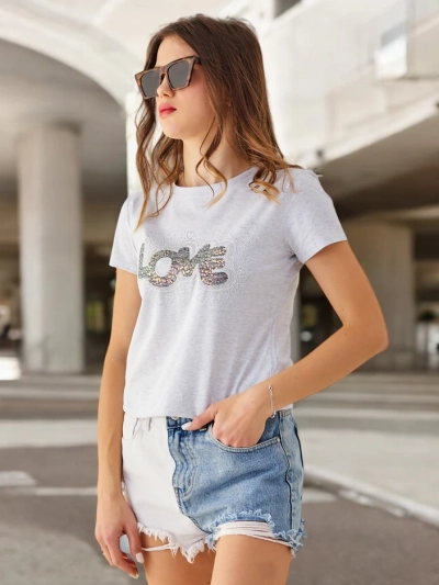 Royalfashion T-shirt en coton pour femmes LOVE avec des strass