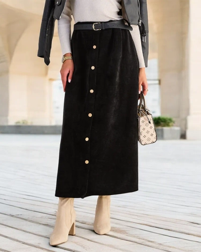 Royalfashion Jupe midi pour femme avec boutons décoratifs