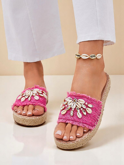 Claquettes pour femmes Royalfashion Callista Fuchsia sur plateforme avec coquillages