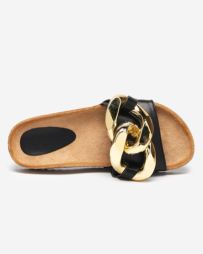 Claquettes d'été Ariadne Royalfashion avec une grande chaîne dorée, cuir noir