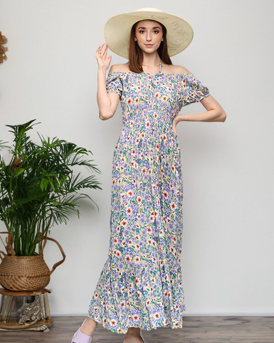 Robe longue d'été verte pour femme avec fleurs violettes - Vêtements