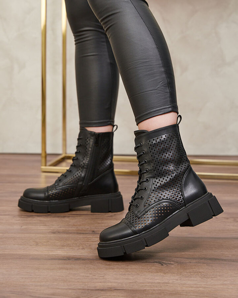 Bottines noires ajourées pour femmes à talons plats Rolika - Footwear