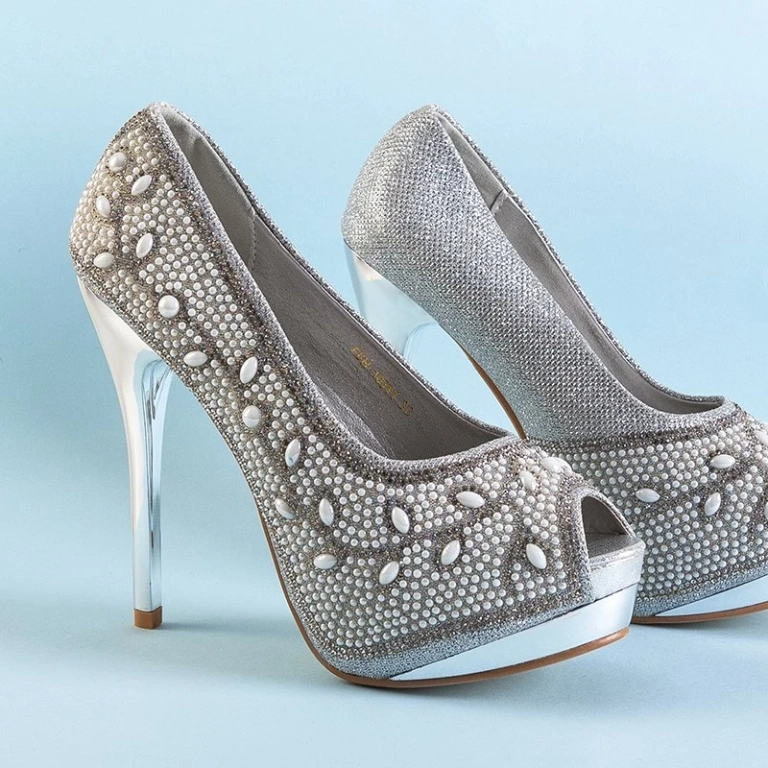 OUTLET Escarpins en brocart pour femmes en argent avec zircons cubiques et perles Lindi - Chaussures