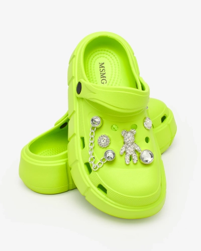 Royalfashion Tongs ajourées vert fluo pour femmes avec ornements en zirconium Afuccia